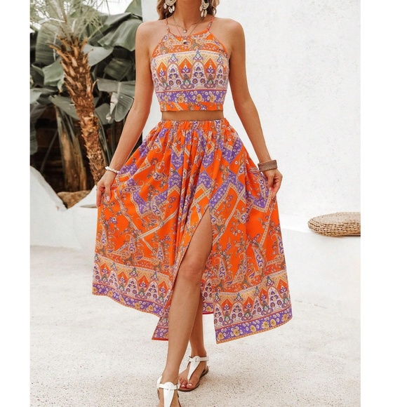 Boho Floral Print Tie Back Cropped Cami Top Skirt Set - Picture 4 of 5